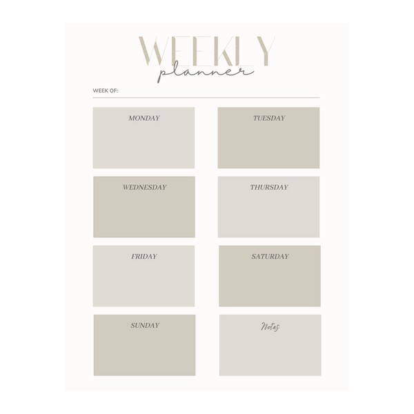 Gray, Taupe, & Beige Aesthetic Simple Minimalist Monochromatic Weekly Planner for Organization with Daily Goals - Printable Digital Download
