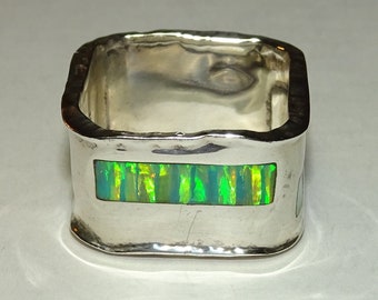 Unique Square Band Opal Vintage Ring - Size 7+