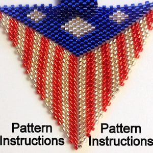 May include: A beaded American flag design in red, white, and blue. The flag is in the shape of a triangle and is made with small beads.