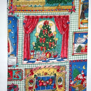 May include: A green and white fabric Christmas gift bag with a patchwork design featuring various Christmas scenes. The scenes include a Christmas tree, a fireplace, a window with ornaments, and Santa Claus in a sleigh.