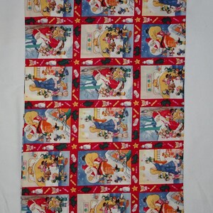 May include: A red and white Christmas gift bag with a repeating pattern of Santa Claus and children. The bag has a drawstring closure.