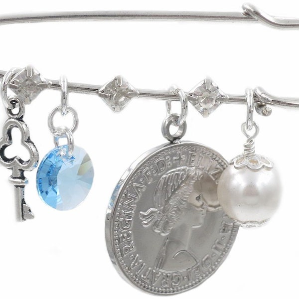 Key, Round Blue Crystal, Six Pence, and White Pearl Bridal Pin Something Old, Something New, Something Borrowed, Something Blue