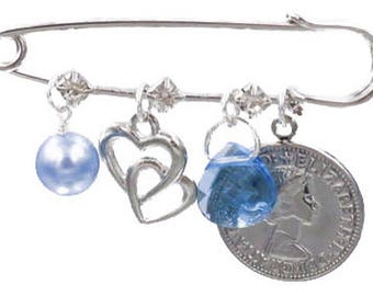 Light Blue Pearl, Double Heart, Blue Crystal, and Six Pence Bridal Pin Something Old, Something New, Something Borrowed, Something Blue
