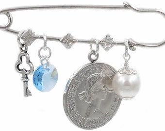 Key, Round Blue Crystal, Six Pence, and White Pearl Bridal Pin Something Old, Something New, Something Borrowed, Something Blue