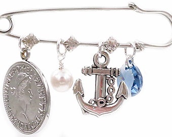 Six Pence, White Pearl, Anchor en Denim Drop Bridal Pin Iets ouds, iets nieuws, iets geleend, iets blauws