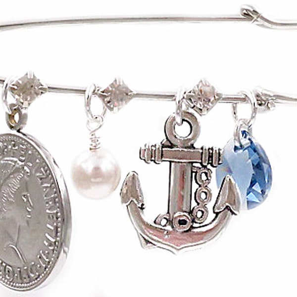 Six Pence, White Pearl, Anchor en Denim Drop Bridal Pin Iets ouds, iets nieuws, iets geleend, iets blauws