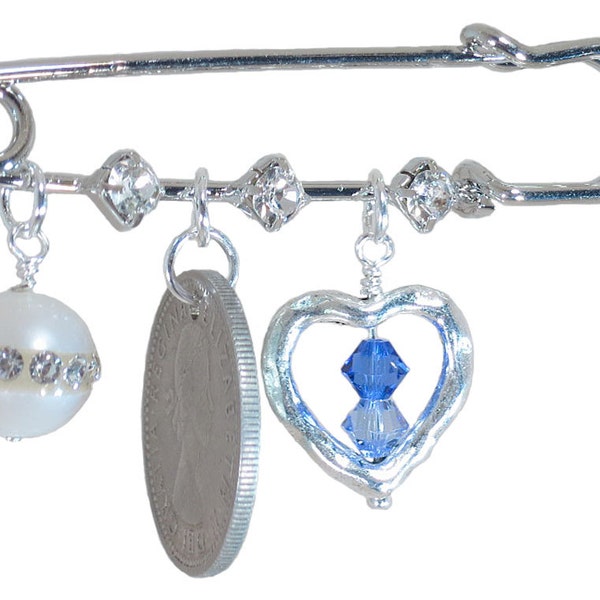 Pearl with Crystals, Six Pence, and Silver Heart with Blue Crystals Bridal Pin Something Old, New, Something Borrowed, Something Blue