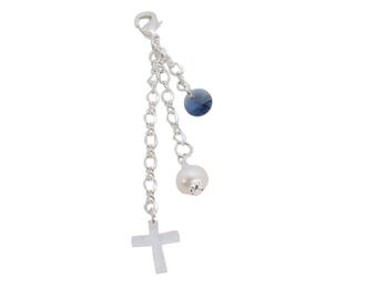 Round Blue Crystal, White Pearl, and Crystal Cross Bridal Bouquet Charm Something Old, Something New, Something Borrowed, Something Blue