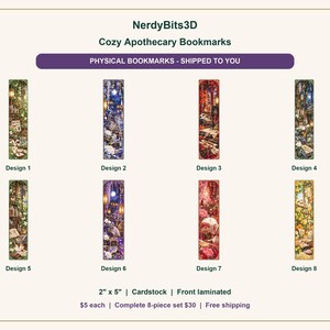 May include: Eight rectangular bookmarks labeled NerdyBits3D Cozy Apothecary Bookmarks, each featuring detailed illustrations of shelves with jars and plants. The bookmarks measure 2 inches by 5 inches and are made of cardstock with front lamination.