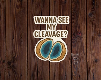 May include: A sticker featuring the text WANNA SEE MY CLEAVAGE? in brown letters with a white outline, positioned above an illustration of a cracked open brown rock revealing a vibrant blue crystalline interior with layered textures.