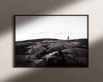 Minimalistisches Schwarz-Weiß-Landschaftsfoto | Einsame Figur, Stimmungsvolle Natur Wandkunst
