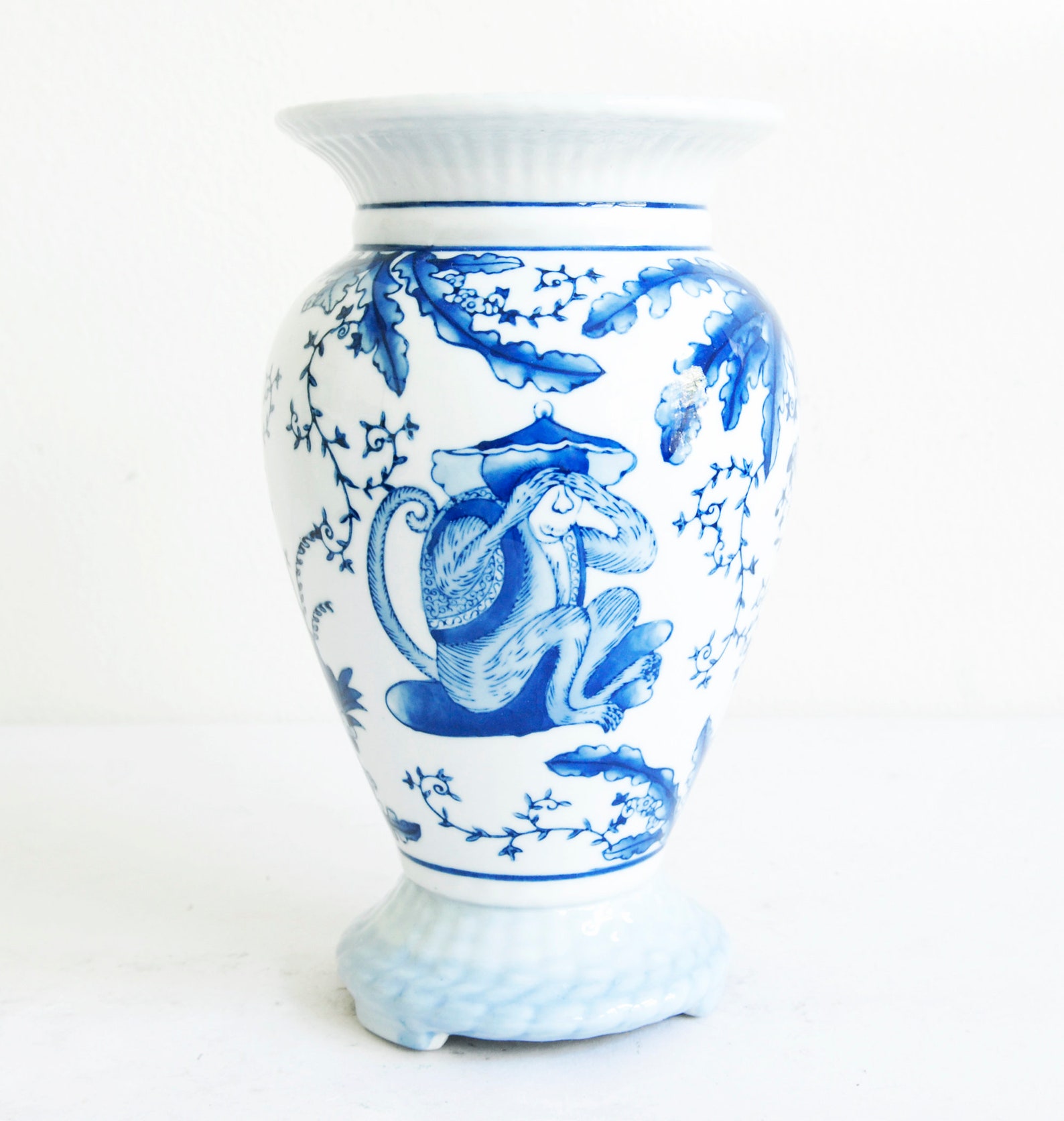 Blue White Chinoiserie Vase Speak No Evil See No Evil Monkeys Etsy