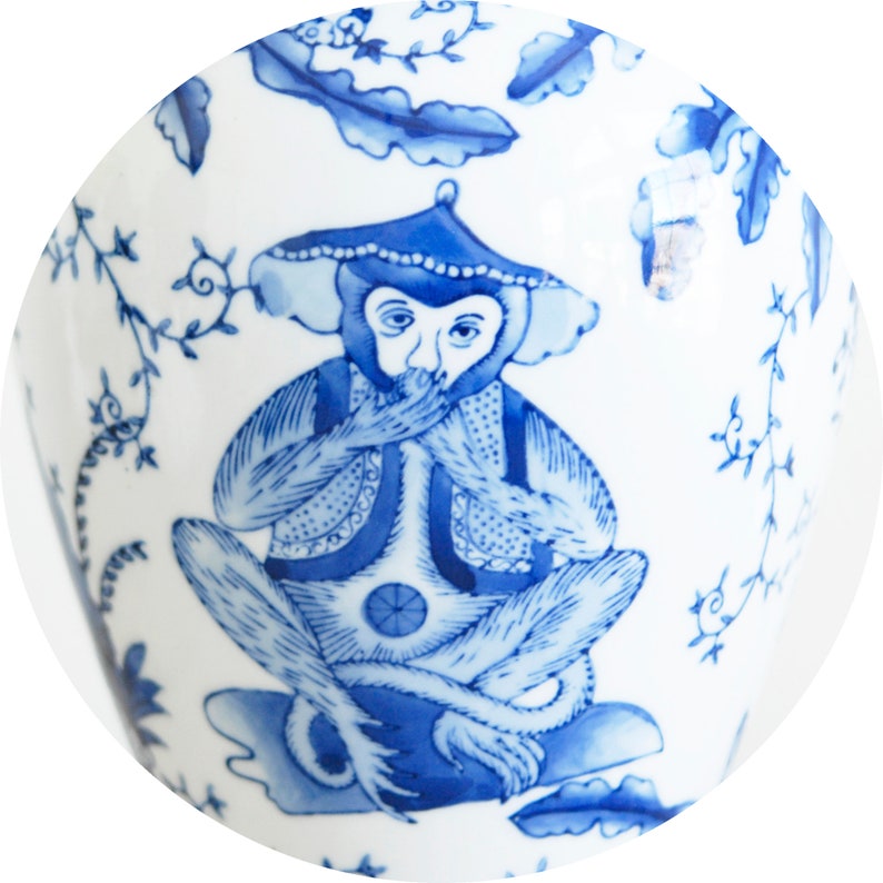 Blue White Chinoiserie Vase Speak No Evil See No Evil Monkeys Etsy
