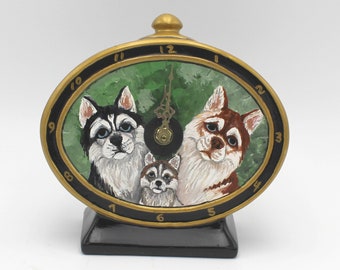 Husky Dog Table Clock Family Siberian Art Mantel Clock Painted Collectible