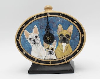 French Bulldog Table Clock Dog Frenchie Family Art Mantel Clock Painted Collectible