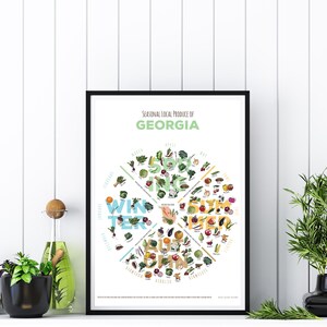 May include: A white poster with a black frame, titled "Seasonal Local Produce of Georgia". The poster features a colorful circular chart with illustrations of various fruits and vegetables, divided into four sections representing the seasons: Spring, Summer, Fall, and Winter.