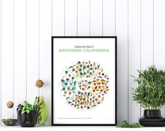May include: A black framed poster with a white background and the text "Seasonal Local Produce of Southern California". The poster features a colorful illustration of a circle divided into sections, each representing a different season and showcasing various fruits, vegetables, and herbs.