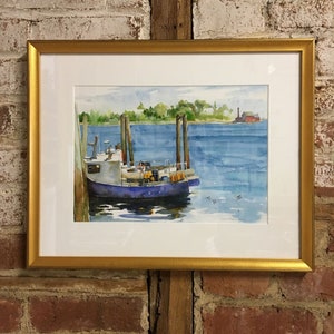 Fishing Boat Framed Wall Art - Gloucester Harbor Original Watercolor - New England Harbor Scene Wall Art