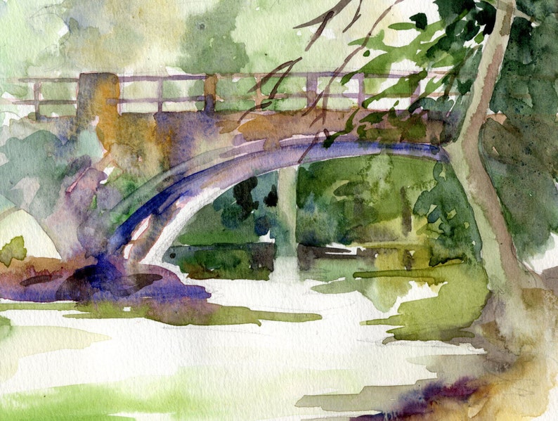 Archival Print of a Watercolor Bridge over a Lazy River