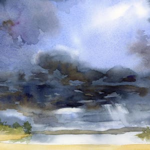 May include: Watercolor painting of a stormy sky with dark gray and blue clouds. The sun peeks through the clouds, creating a bright spot. A light yellow shoreline and green trees are at the bottom.