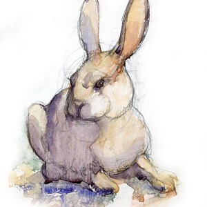 May include: Watercolor painting of a rabbit in shades of tan, purple, and white. The rabbit is depicted in a seated position with its ears perked up. The artwork has a loose, sketched style with visible brushstrokes and watercolor effects.