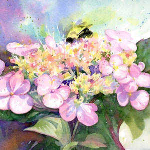 May include: Watercolor painting of a cluster of pink hydrangea flowers with yellow centers and green leaves. A bumblebee is visible near the center of the flowers. The background is a blend of purple, blue, and green hues.