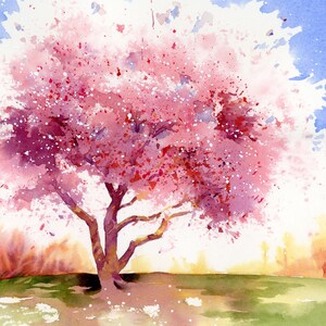May include: Watercolor painting of a pink flowering tree with a white background. The tree has a thick trunk and branches that spread out in a rounded shape. The flowers are a light pink color and are scattered throughout the tree. The background is a light blue color with white splatter paint.