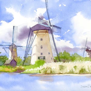 May include: Watercolor painting of windmills on a sunny day. The artwork depicts three windmills with beige and brown structures, set against a backdrop of blue sky and fluffy white clouds. Green foliage and water complete the scene.