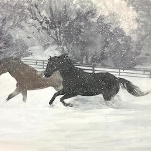 May include: Watercolor painting of two horses running through a snowy landscape. One horse is brown, the other is black. Snowflakes fall around them, with a fence and trees in the background.