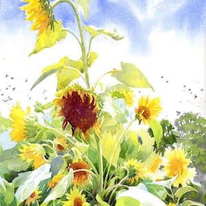 May include: Watercolor painting of sunflowers in various stages of bloom. The sunflowers are yellow with dark brown centers, set against a blue sky with a few birds. Green leaves surround the flowers.