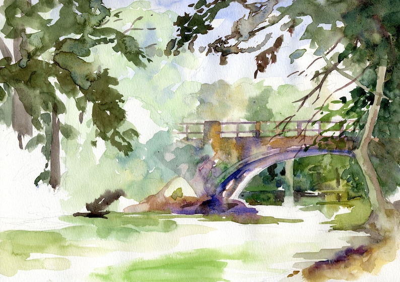Archival Print of a Watercolor Bridge over a Lazy River