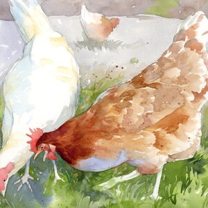 May include: A watercolor painting of three chickens in a grassy area. One chicken is white, one is brown, and the other is a light brown color. The chickens are all looking down at the ground.