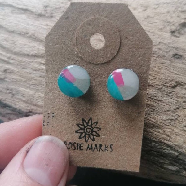 Handpainted abstract pattern stud earrings with silver posts. Colourful jewellery. Made in Cornwall. Jewellery from Cornwall. Gift for her