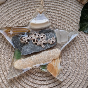 May include: A clear, star-shaped resin ornament filled with seashells, rocks, and sand. The ornament is surrounded by blue, light blue, yellow, and grey pencils. A leaf and seashells are also visible.