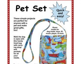 May include: A Pet Set pattern with a blue dog waste bag, a black and white dog collar, and a smaller blue collar. The bag has a strap and pockets. The text says "Quick and easy!" and "Pet Set".