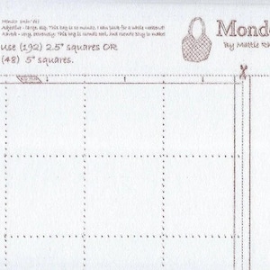 May include: A white sewing pattern sheet for a Mondo Bag by Mattie Rhoades featuring brown printed text and grid lines. The instructions specify to use 192 2.5-inch squares or 48 5-inch squares. A small icon of a tote bag is printed at the top right.