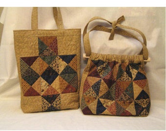 May include: Two quilted fabric bags with a patchwork design. The larger bag has two handles and the smaller bag has a single handle. Both bags are made of a brown fabric with a quilted pattern and feature a patchwork design of various colors, including red, blue, green, and brown.