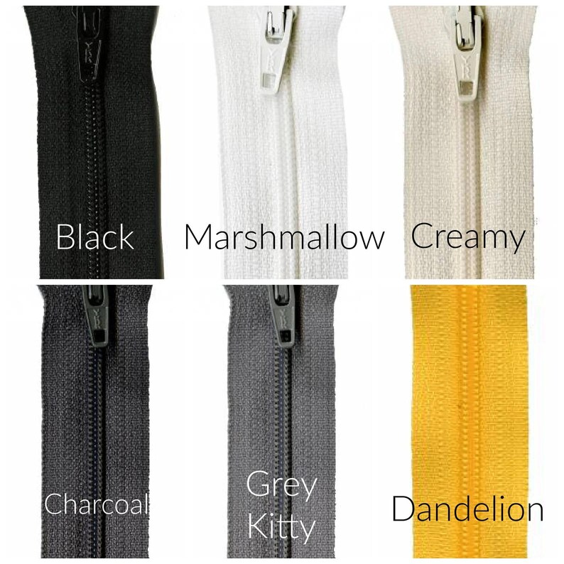 May include: Six different colors of zipper tape, including black, marshmallow, creamy, charcoal, grey kitty, and dandelion.