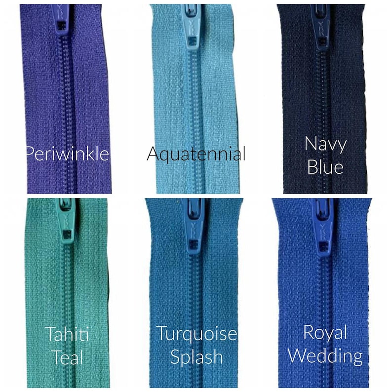 May include: Six different colors of zipper tape, including periwinkle, aquatennial, navy blue, tahiti teal, turquoise splash, and royal wedding.