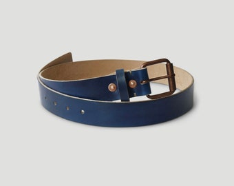 Mens Handmade Dark Blue Leather Belt, Copper Buckles and Rivets