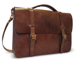 Men's Full Grain Harness Leather Classic Briefcase / Messenger bag /Satchel - Vintage style - Handmade in the US