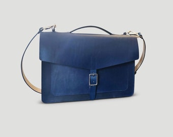 15 1/4" Handmade Lightweight Laptop/Messenger Bag - Admiral Blue Hand dyed Vegetable Tanned Leather