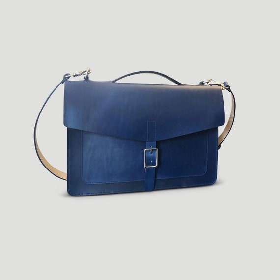 15 1 4 Handmade Lightweight Laptop messenger Bag Admiral Blue Hand Dyed Vegetable Tanned Leather Etsy