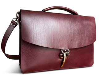 Collar Fastener Briefcase , Messenger Bag, Work Bag, Laptop Bag, two compartments, Full grain Horween Leather