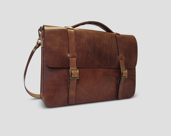 Men's Full Grain Harness Leather Classic Briefcase / Messenger bag /Satchel - Vintage style - Handmade in the US