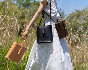 Women's Minimal Bucket Shoulder Bag - Handmade from US sourced Vegetable Tanned Leather - Vegtan