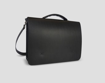 Handmade Messenger Bag, Full-Grain Leather, Minimal Laptop Bag, Black - 15.25" Wide - Ready to ship