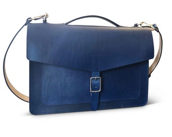 15 1/4" Handmade Lightweight Laptop/Messenger Bag - Admiral Blue Hand dyed Vegetable Tanned Leather