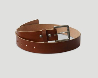 Mens Handmade Medium Brown Veg-tan Leather Belt, Brass Buckles and Screws