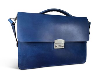 16" Combination Lock Briefcase - Hand Dyed Admiral Blue Vegetable tanned Leather, two compartments